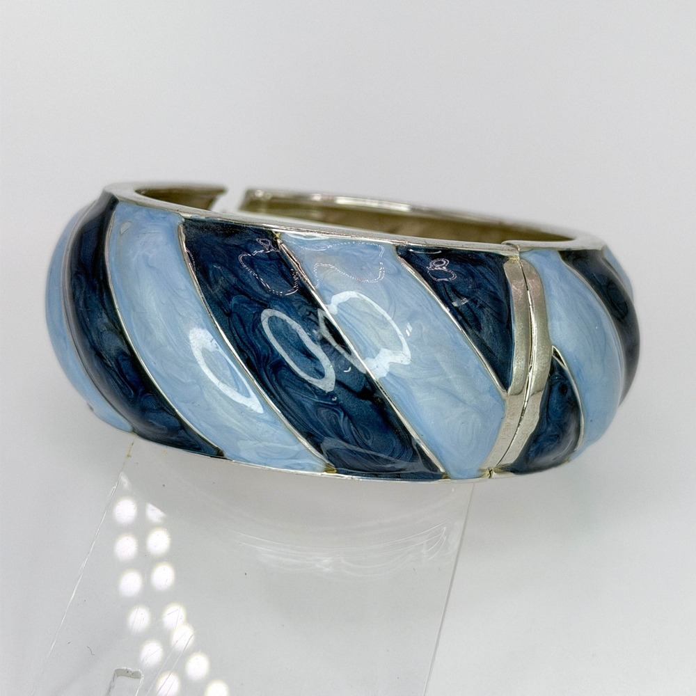 Navy and Light Blue Swirl Enamel Hinged Bangle Bracelet Silver Tone Statement